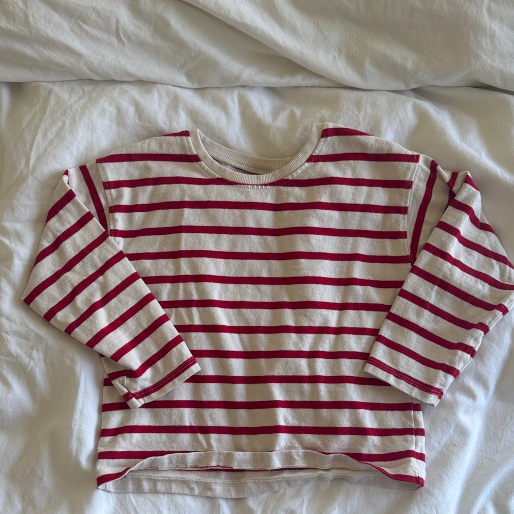 Zara Cream and Red Striped Long Sleeve Tee, Size 6